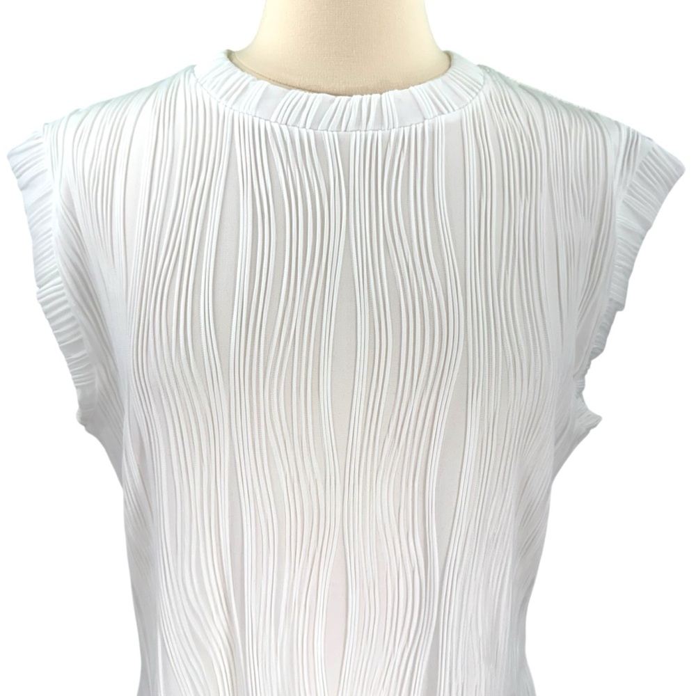 Moshu Amazon White Textured Semi Sheer Cap Sleeve Dressy Blouse - Picture 2 of 15